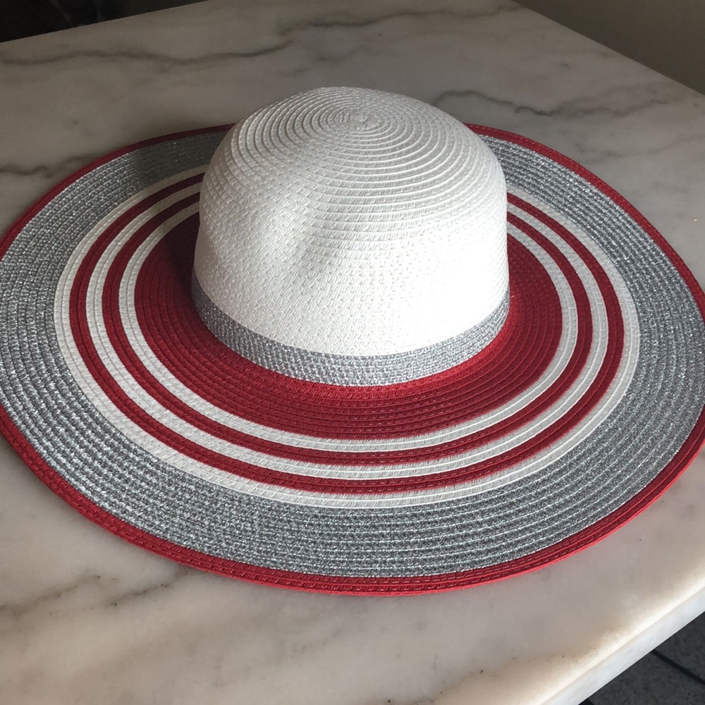 Red, white & silver floppy straw hat